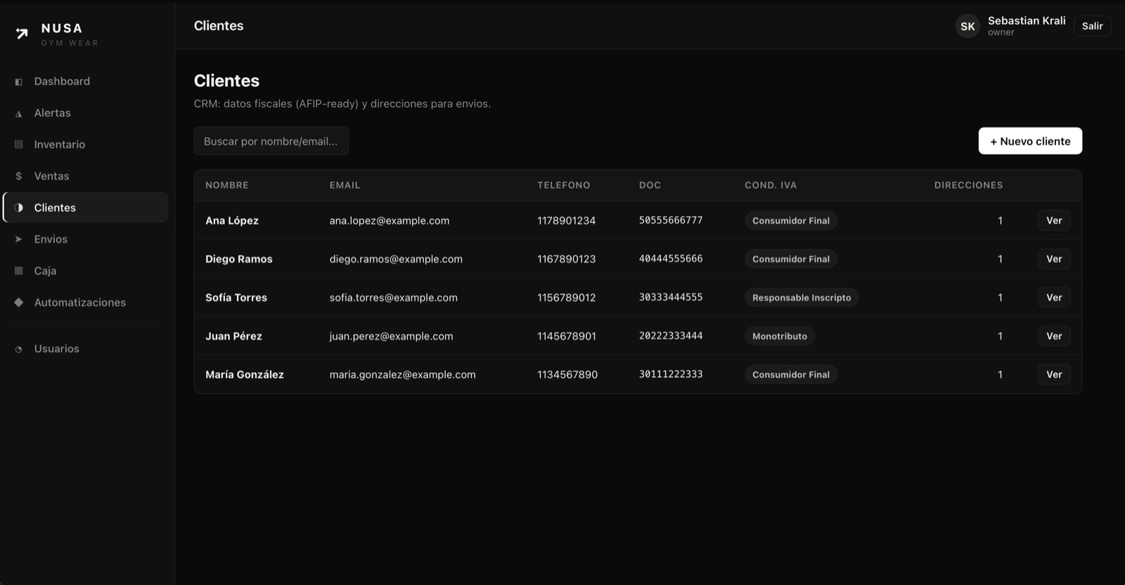 Pantalla de clientes y usuarios del sistema de NUSA